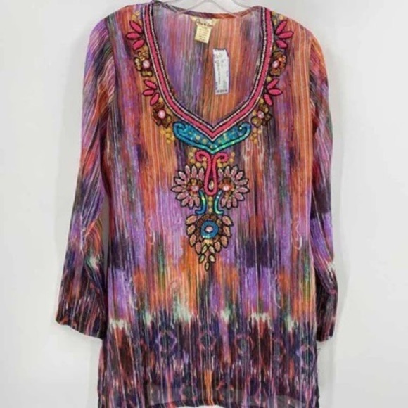 Lucky & Coco  Womens Size M Boho Beaded Colorful Statement Swim Coverup Tunic - Picture 1 of 9